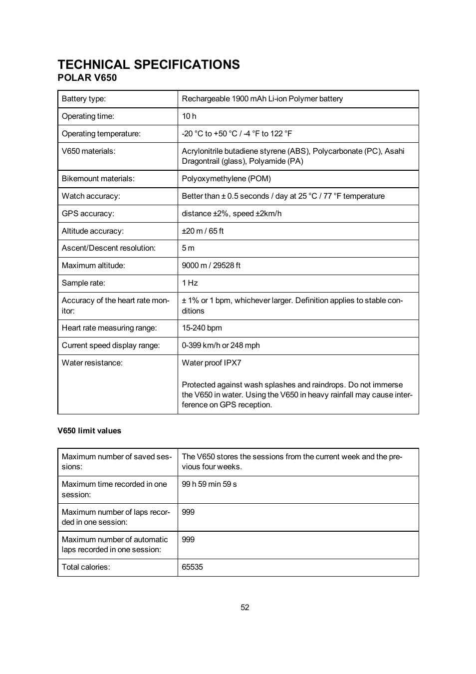 Technical specifications, Polar v650 | POLAR V650 User Manual | Page 52 / 56