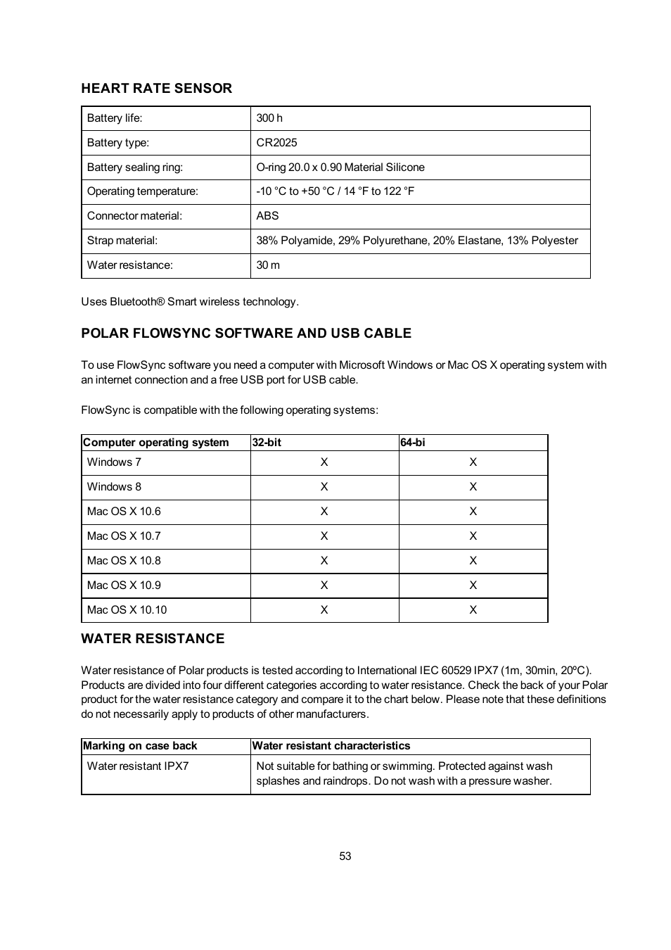 Heart rate sensor, Polar flowsync software and usb cable, Water resistance | POLAR V650 User Manual | Page 53 / 56