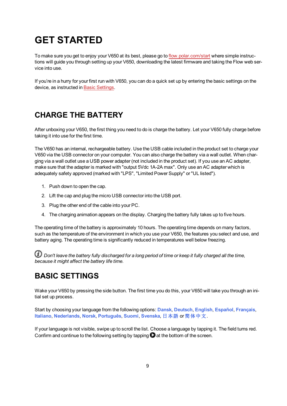 Get started, Charge the battery, Basic settings | POLAR V650 User Manual | Page 9 / 56