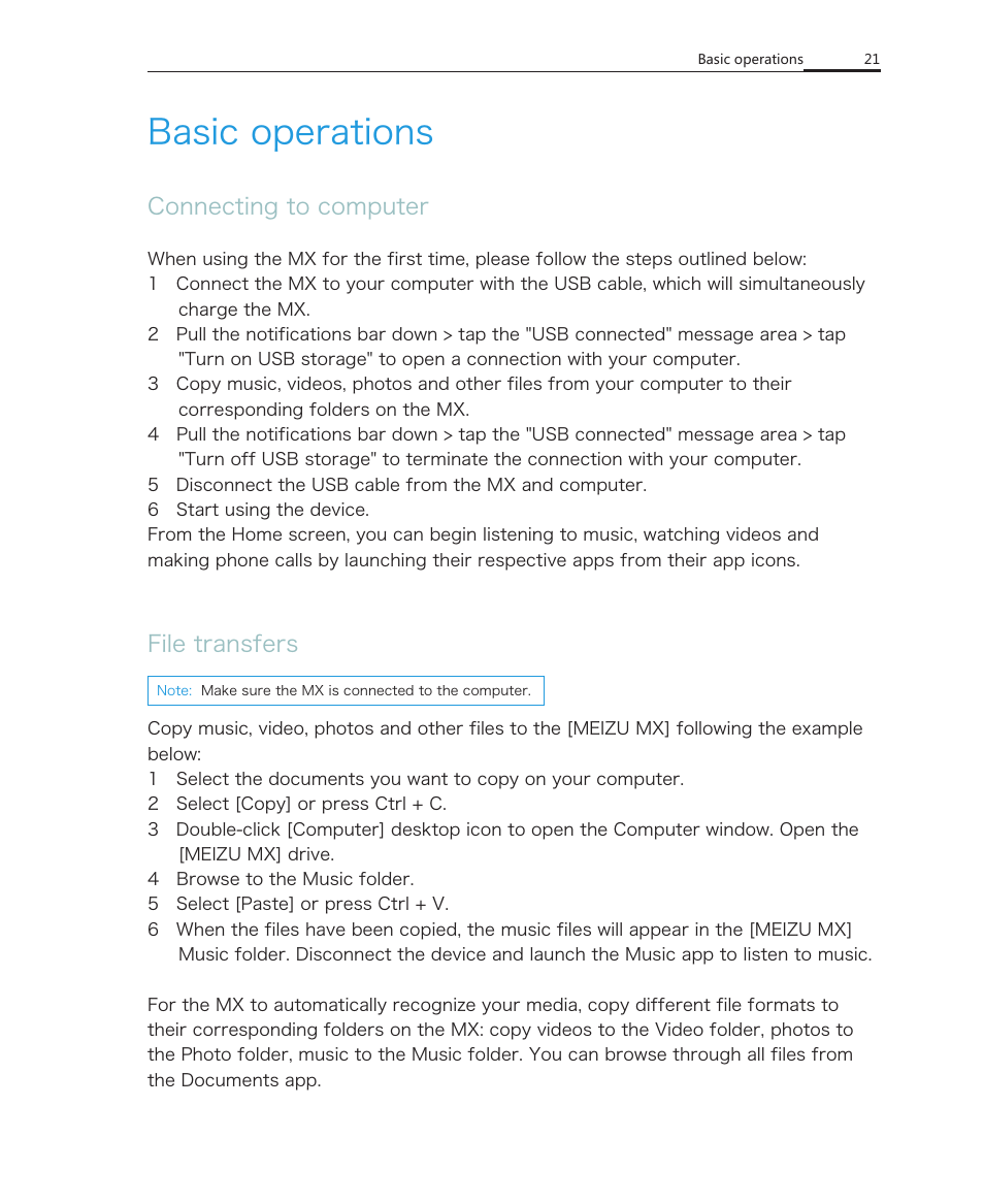 Basic operations, Connecting to computer, File transfers | Connecting to computer file transfers | Meizu MX User Manual | Page 25 / 77