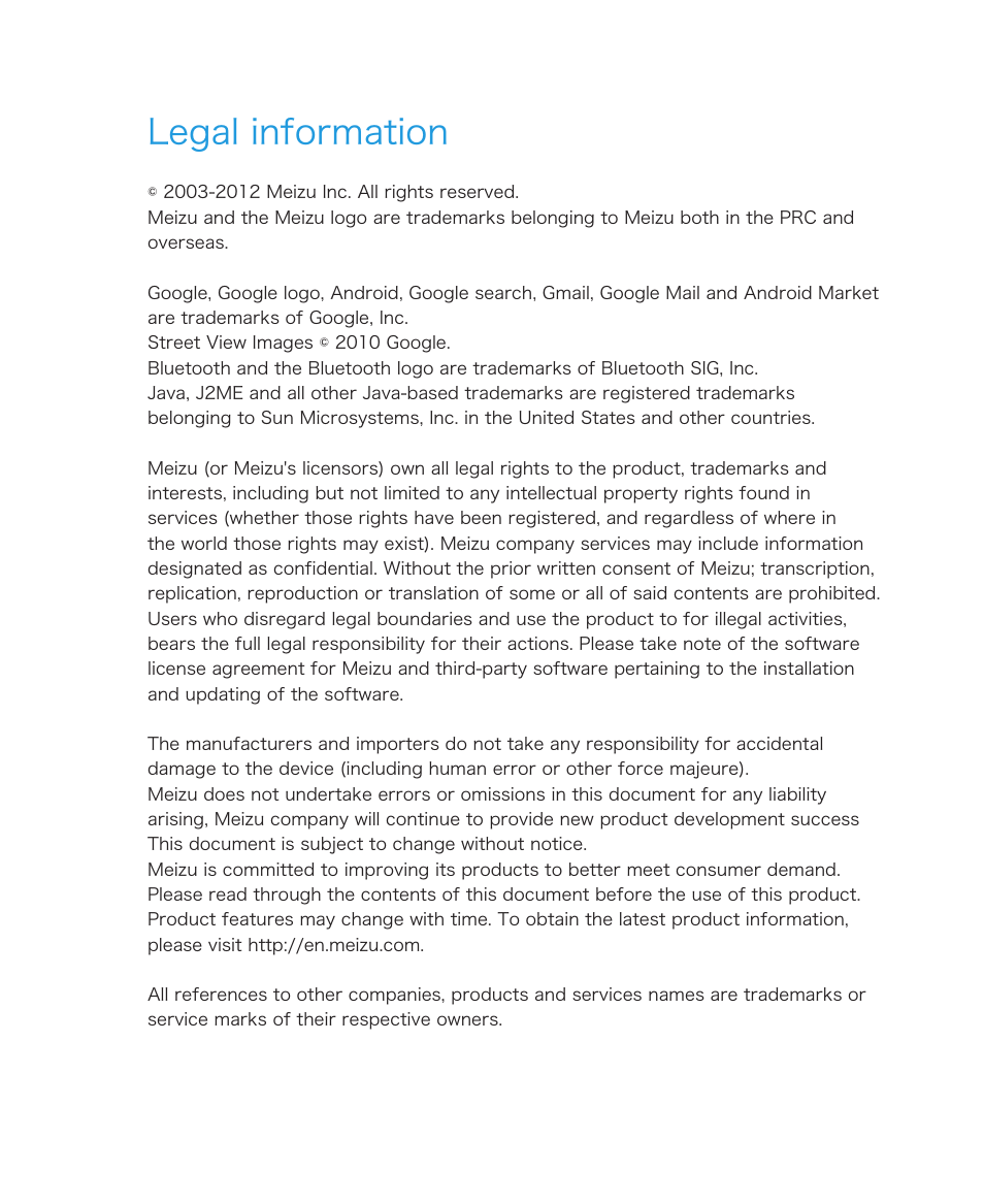 Legal information | Meizu MX User Manual | Page 3 / 77