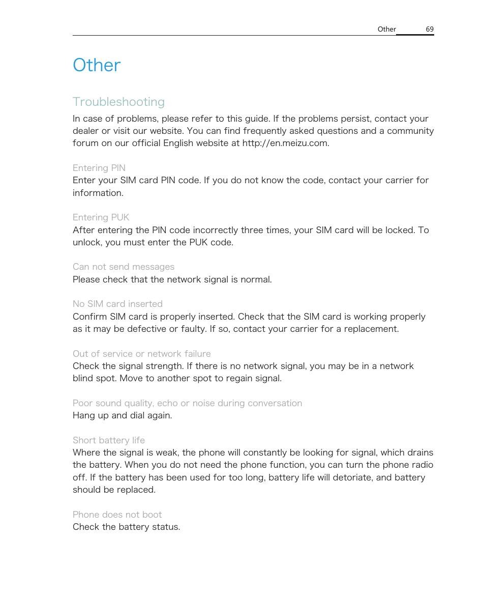 Other, Troubleshooting | Meizu MX User Manual | Page 73 / 77