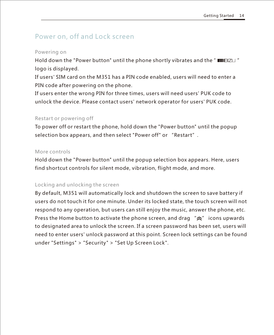 Power on, off and lock screen | Meizu M351 User Manual | Page 14 / 61