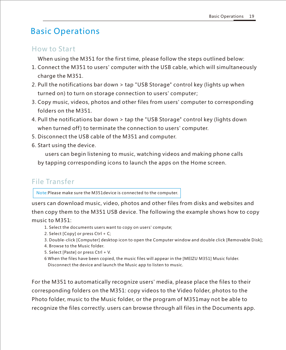 How to start;file transfer, Basic operations, How to start | File transfer | Meizu M351 User Manual | Page 19 / 61