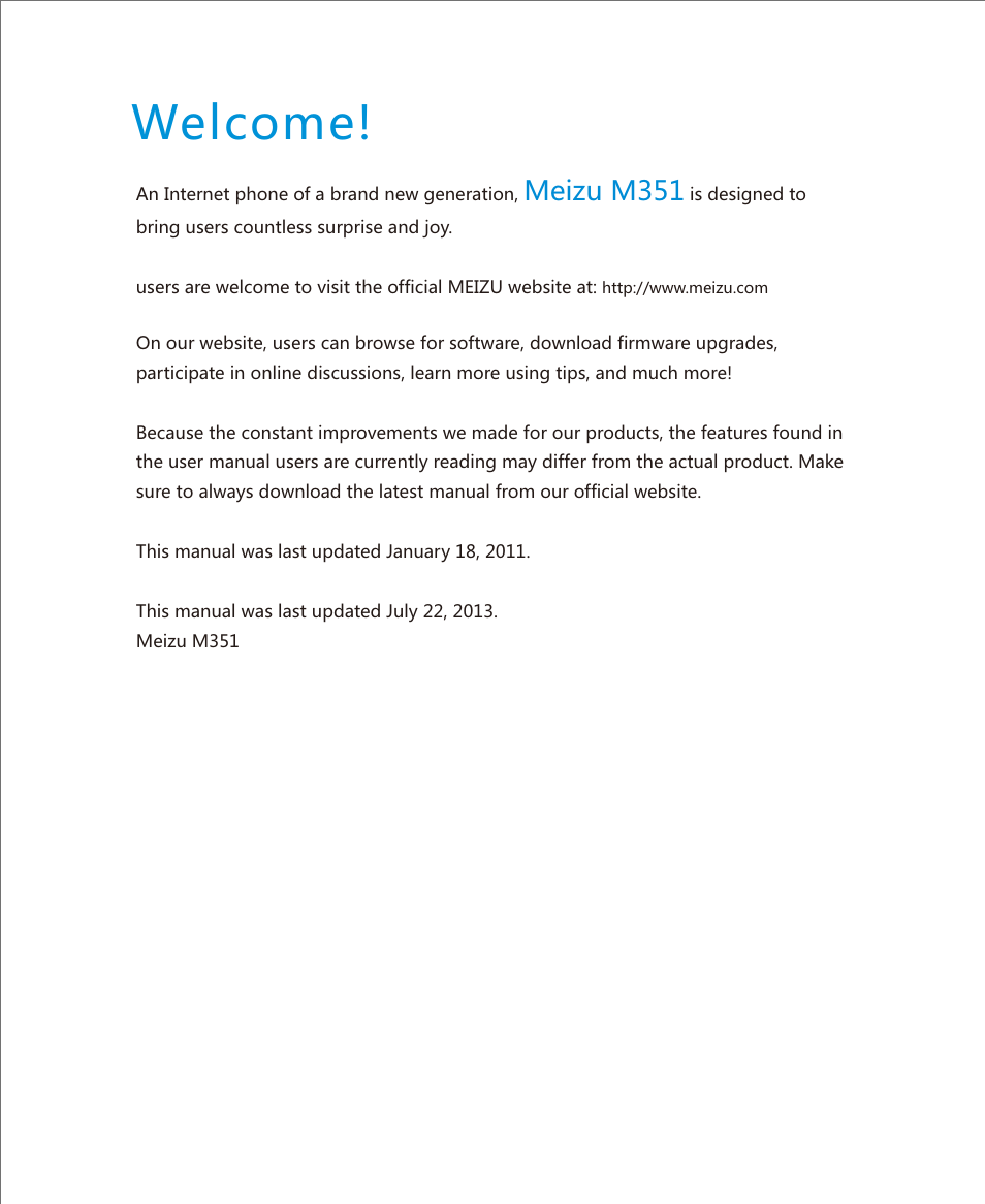 Welcome, Meizu m351 | Meizu M351 User Manual | Page 2 / 61
