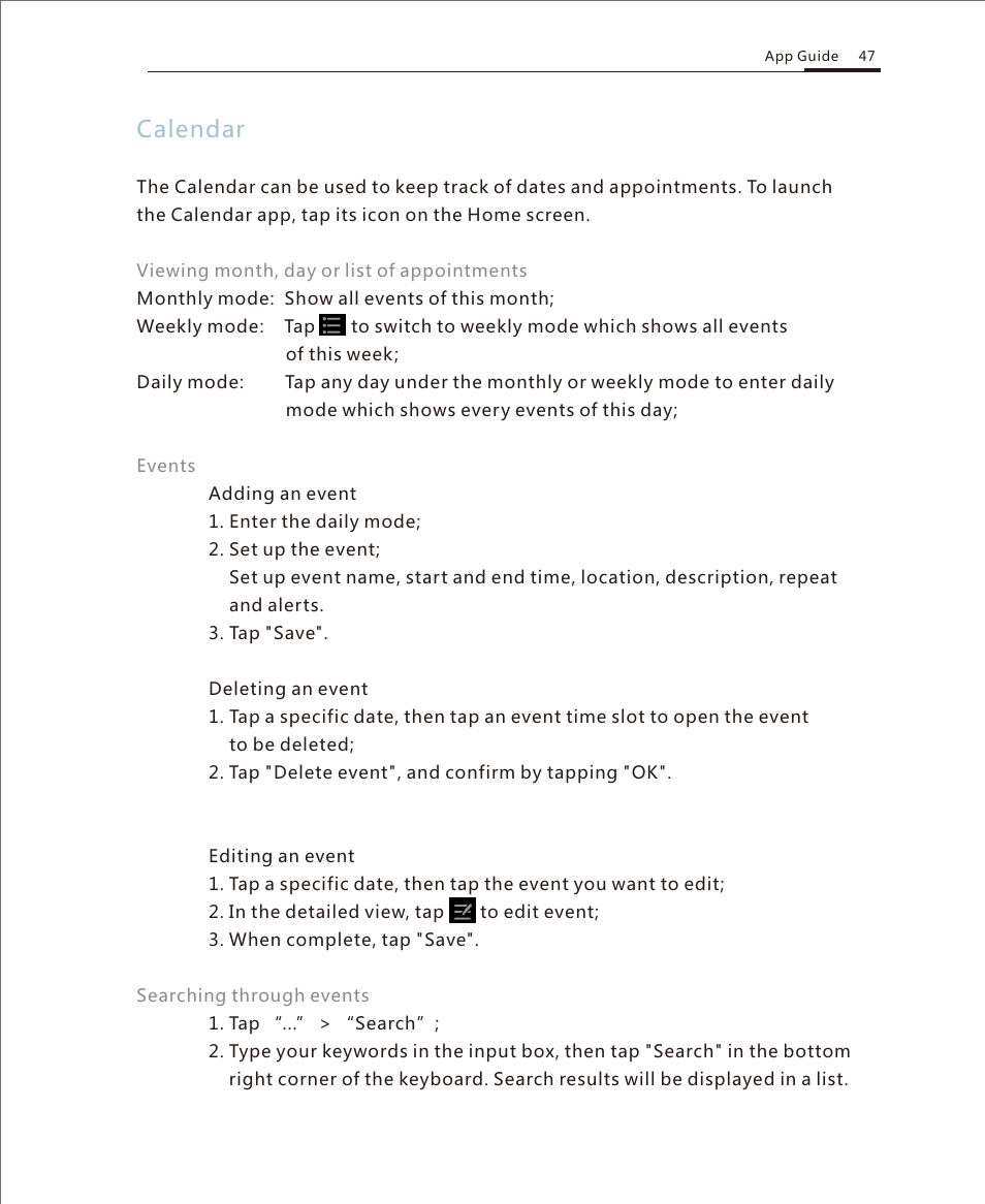 Calendar 1, Calendar | Meizu M351 User Manual | Page 47 / 61