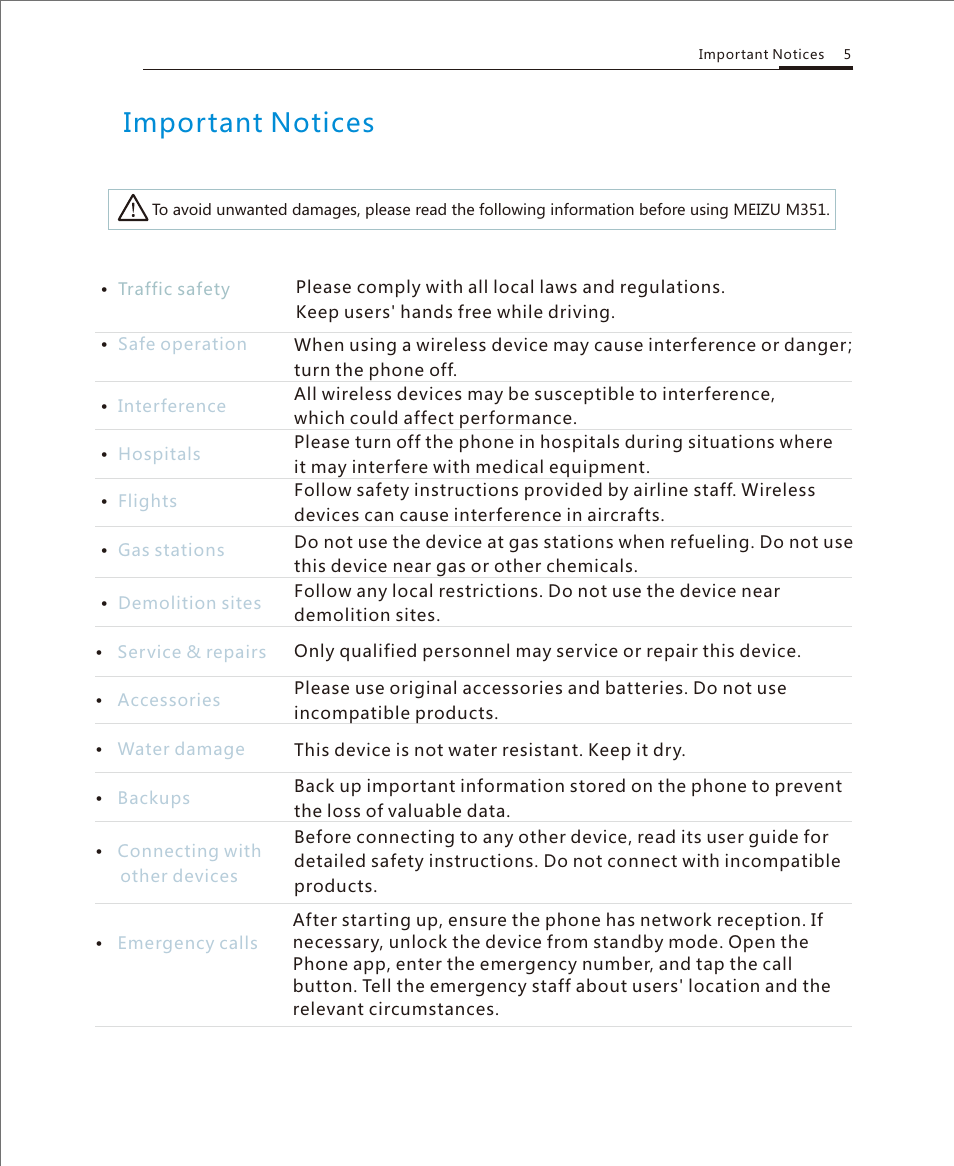Important notices | Meizu M351 User Manual | Page 5 / 61