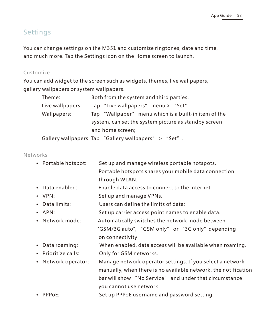 Settings 1, Settings | Meizu M351 User Manual | Page 53 / 61