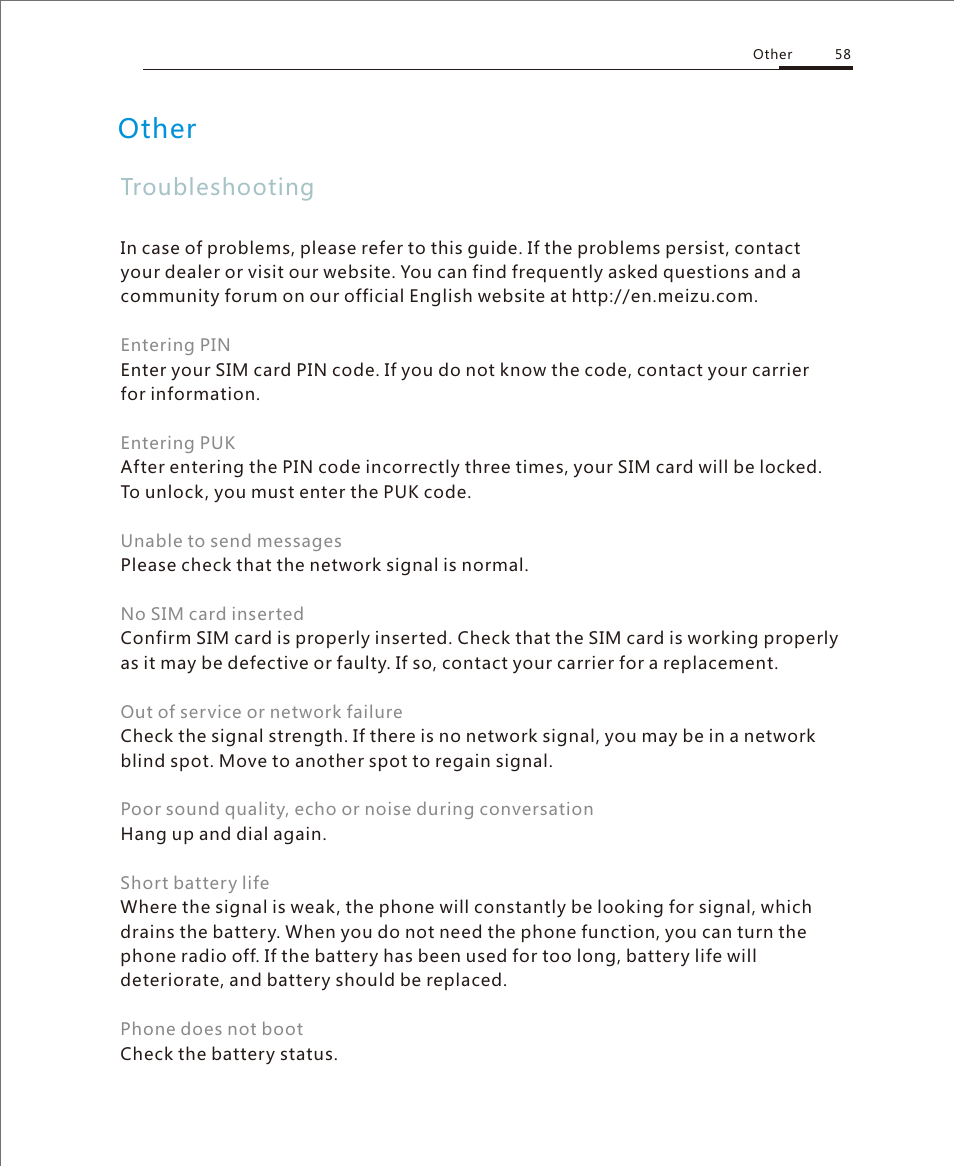 Troubleshooting 1, Other, Troubleshooting | Meizu M351 User Manual | Page 58 / 61