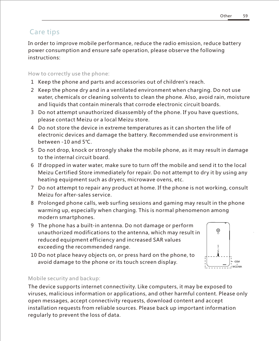 Care tips 1, Care tips | Meizu M351 User Manual | Page 59 / 61