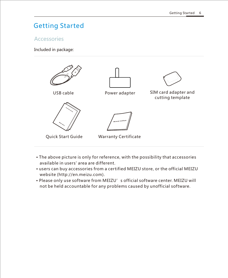 Getting started, Accessories, Usb cable | Quick start guide, Power adapter, Getting started 6 | Meizu M351 User Manual | Page 6 / 61