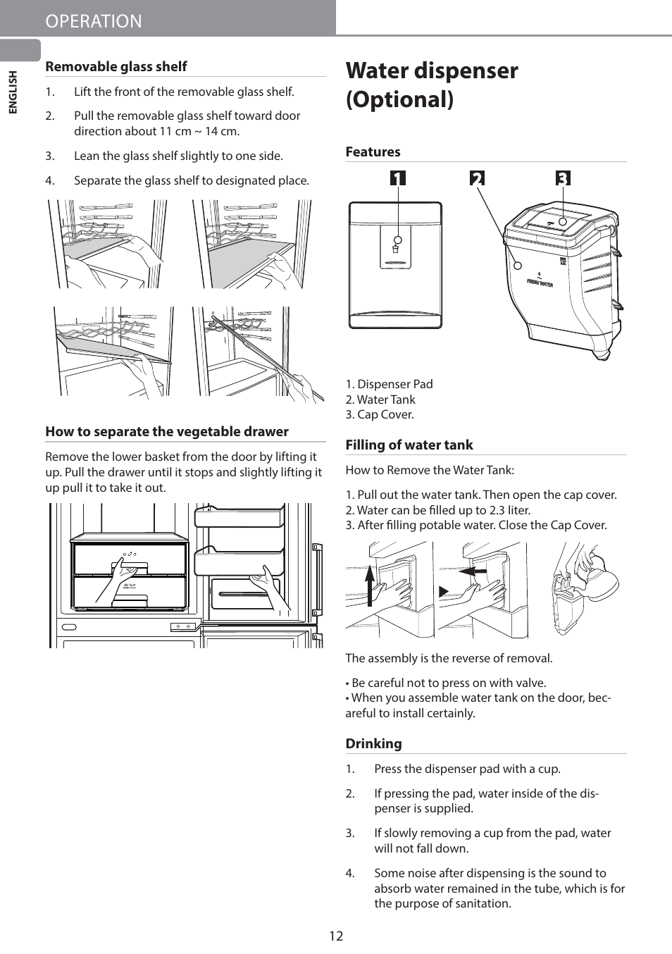 Water dispenser (optional), Operation | LG GW-B489SMFZ User Manual | Page 12 / 21