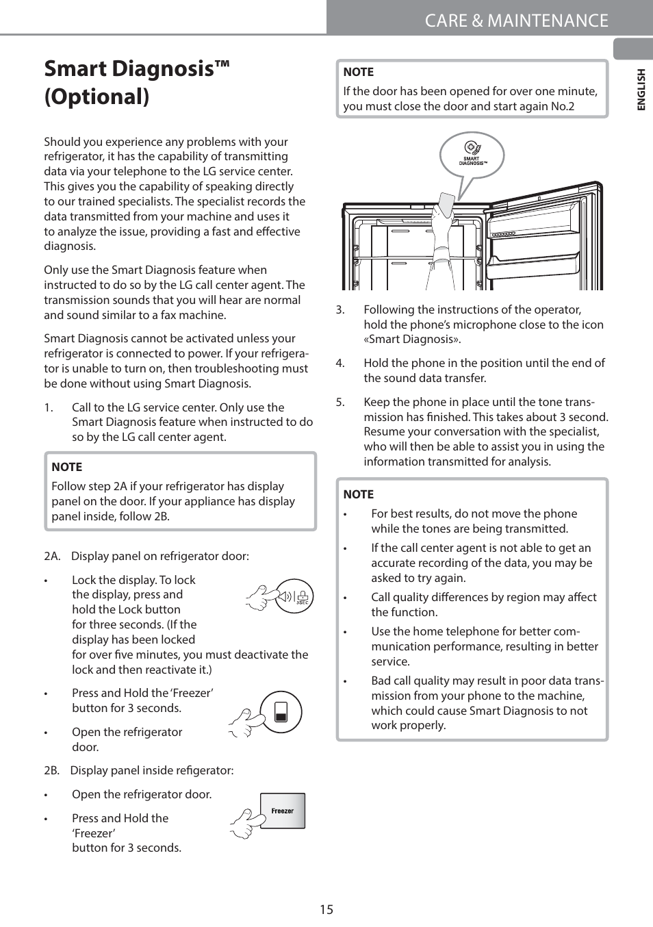 Smart diagnosis™ (optional), Care & maintenance, 3 sec | LG GW-B489SMFZ User Manual | Page 15 / 21