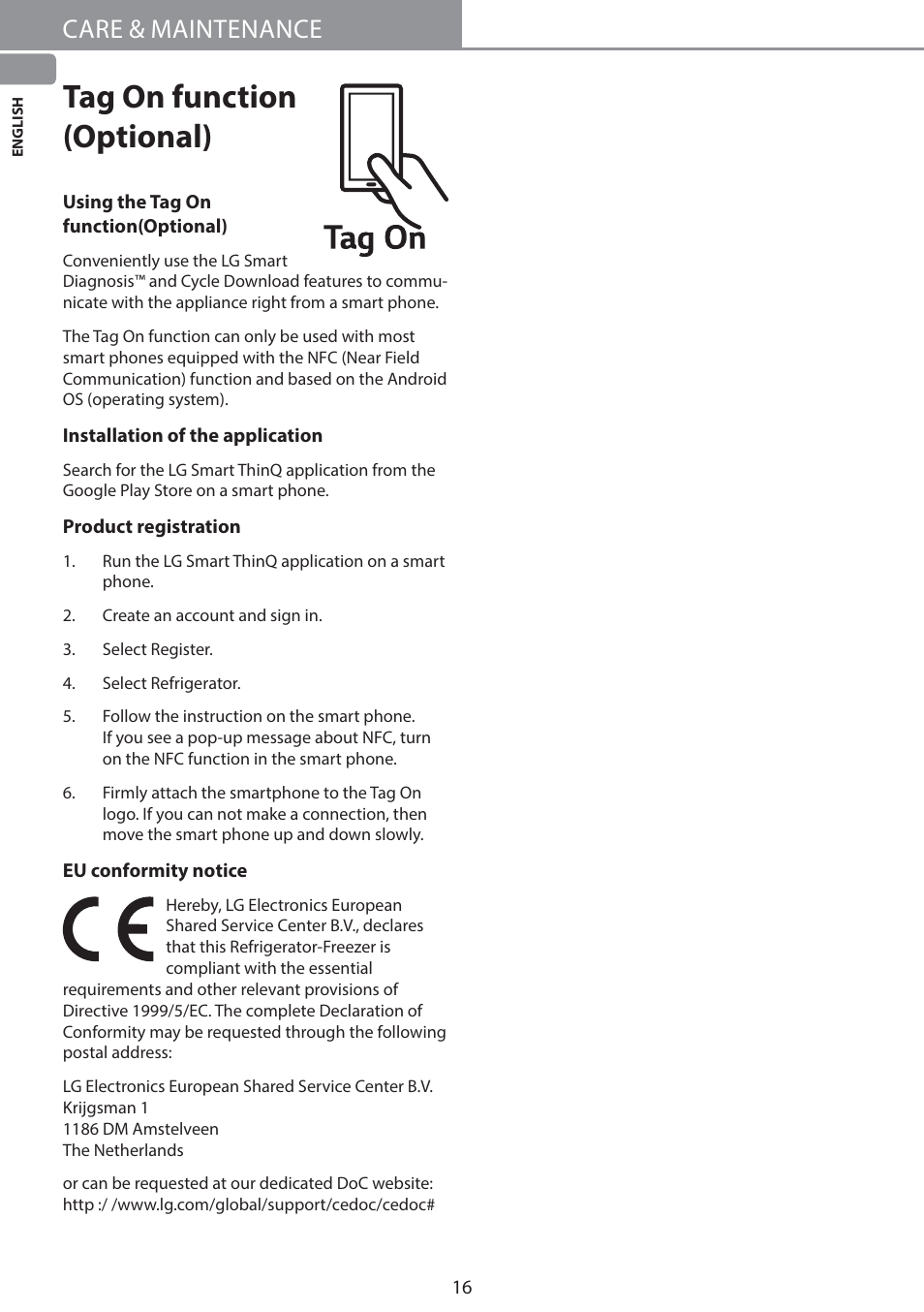 Tag on function (optional), Care & maintenance | LG GW-B489SMFZ User Manual | Page 16 / 21