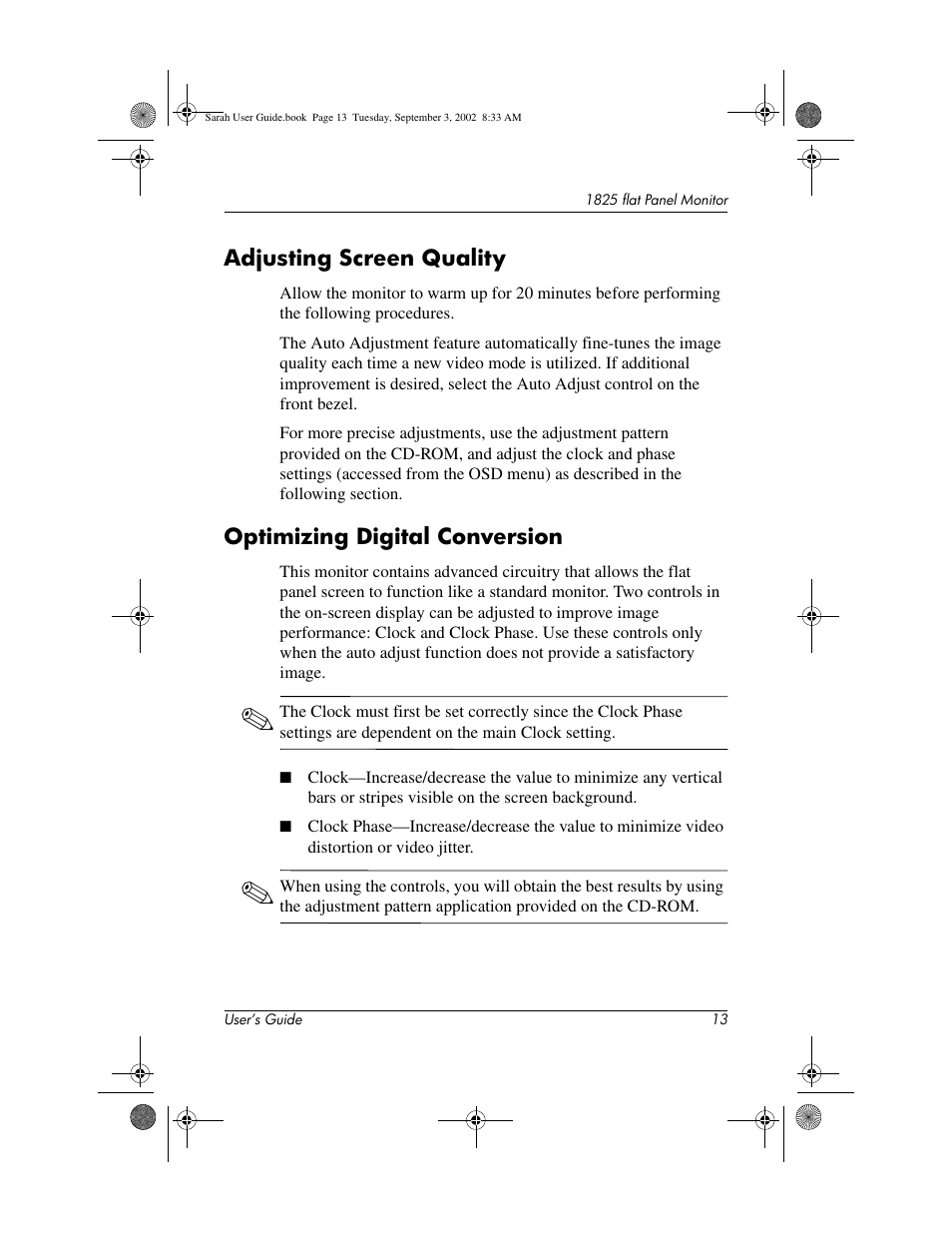 Adjusting screen quality, Optimizing digital conversion | Compaq 1825 User Manual | Page 15 / 31