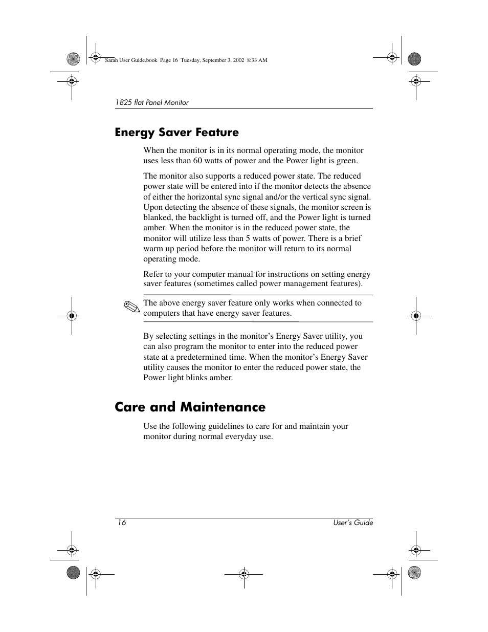 Energy saver feature, Care and maintenance | Compaq 1825 User Manual | Page 18 / 31