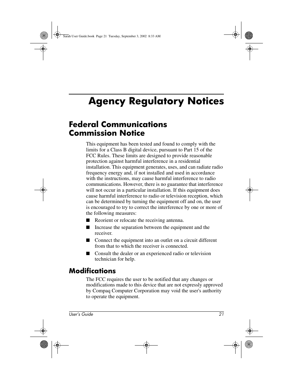 Agency regulatory notices, Federal communications commission notice, Modifications | Compaq 1825 User Manual | Page 23 / 31