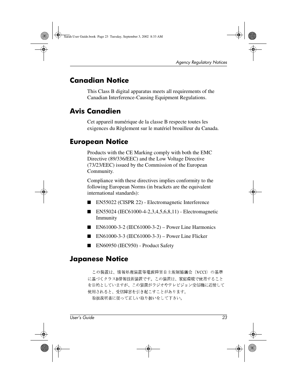 Canadian notice, Avis canadien, European notice | Japanese notice | Compaq 1825 User Manual | Page 25 / 31