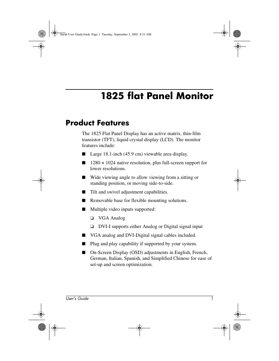1825 flat panel monitor, Product features | Compaq 1825 User Manual | Page 3 / 31