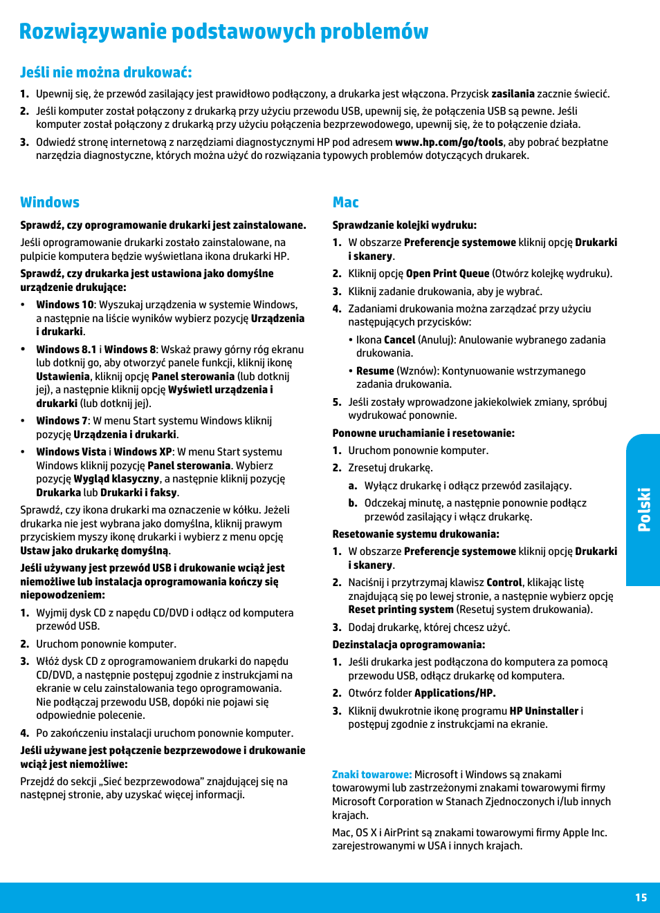 Rozwiązywanie podstawowych problemów, Polski, Mac windows | Jeśli nie można drukować | HP DeskJet 3700 User Manual | Page 15 / 96