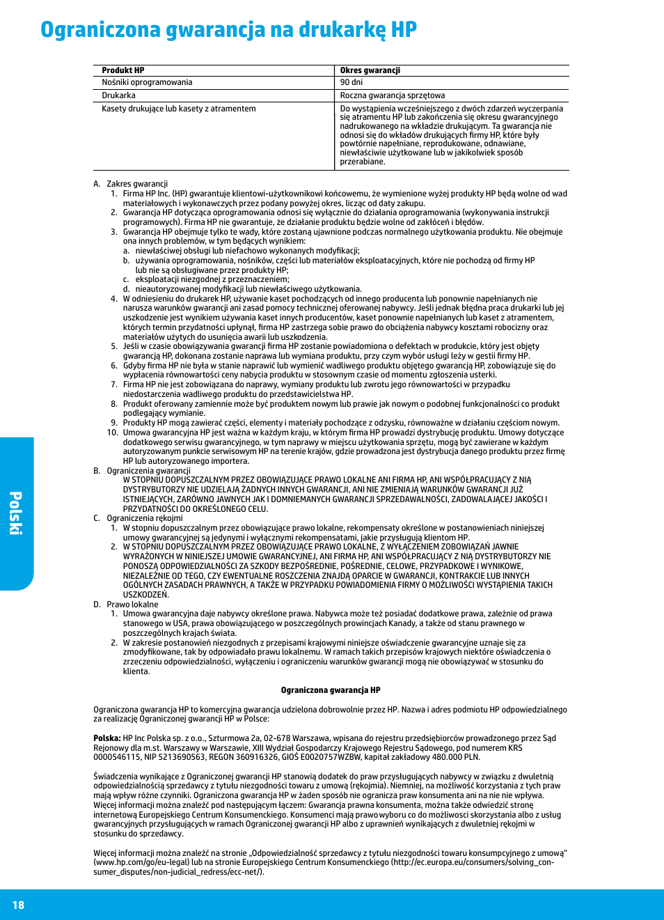 Ograniczona gwarancja na drukarkę hp, Polski | HP DeskJet 3700 User Manual | Page 18 / 96