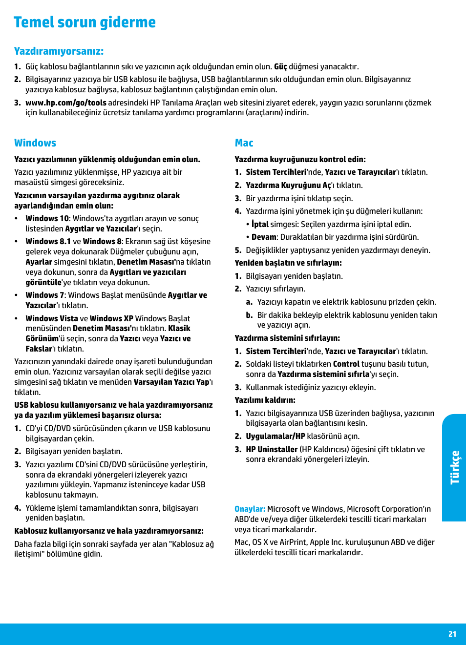 Temel sorun giderme, Türk çe, Mac windows | Yazdıramıyorsanız | HP DeskJet 3700 User Manual | Page 21 / 96
