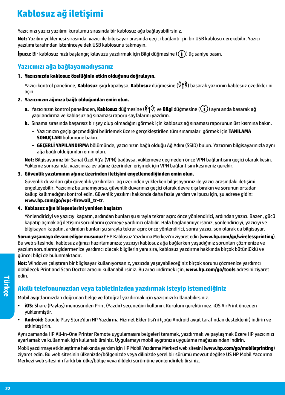 Kablosuz ağ iletişimi, Türk çe, Yazıcınızı ağa bağlayamadıysanız | HP DeskJet 3700 User Manual | Page 22 / 96