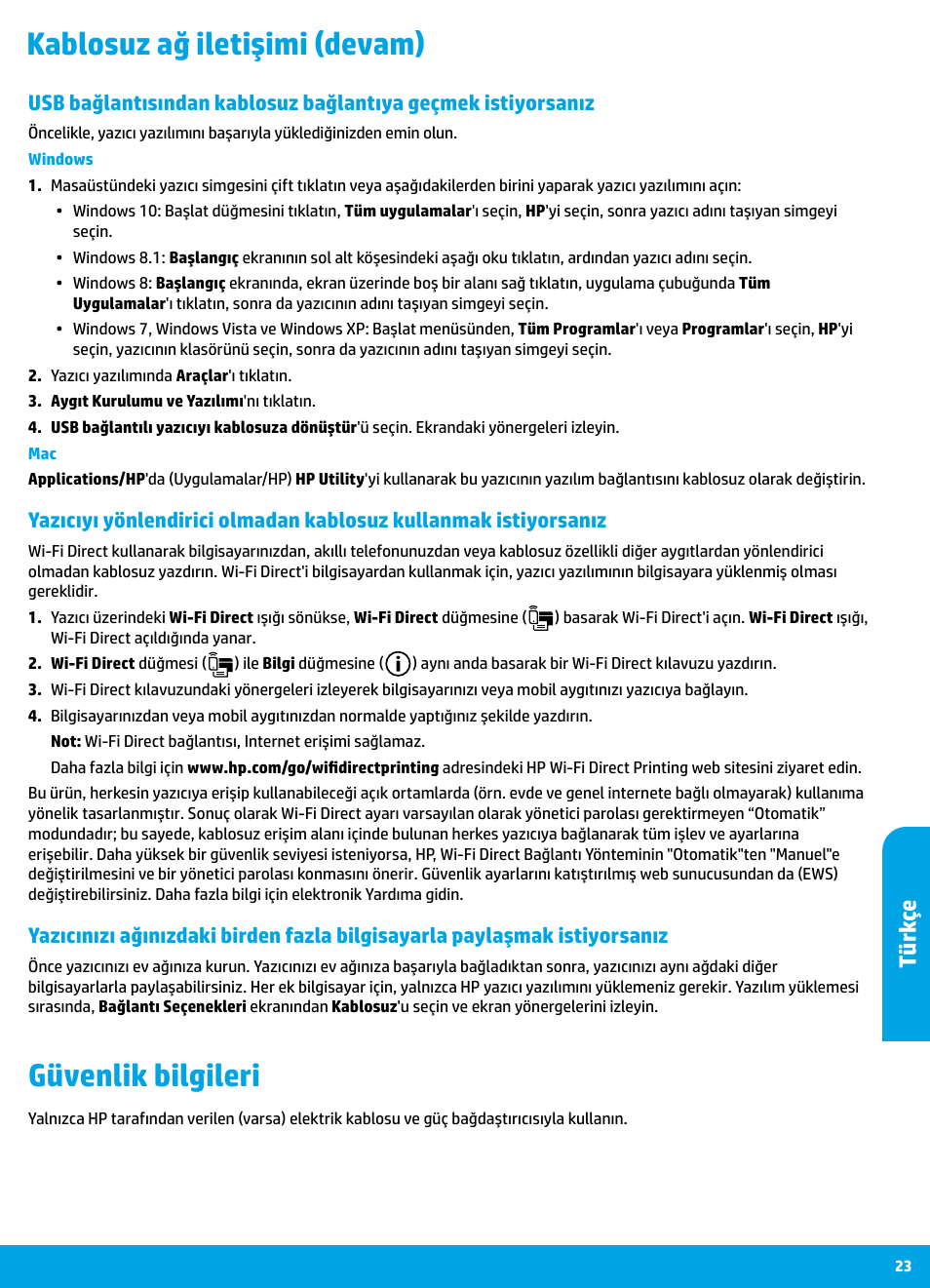 Kablosuz ağ iletişimi (devam) güvenlik bilgileri, Türk çe | HP DeskJet 3700 User Manual | Page 23 / 96