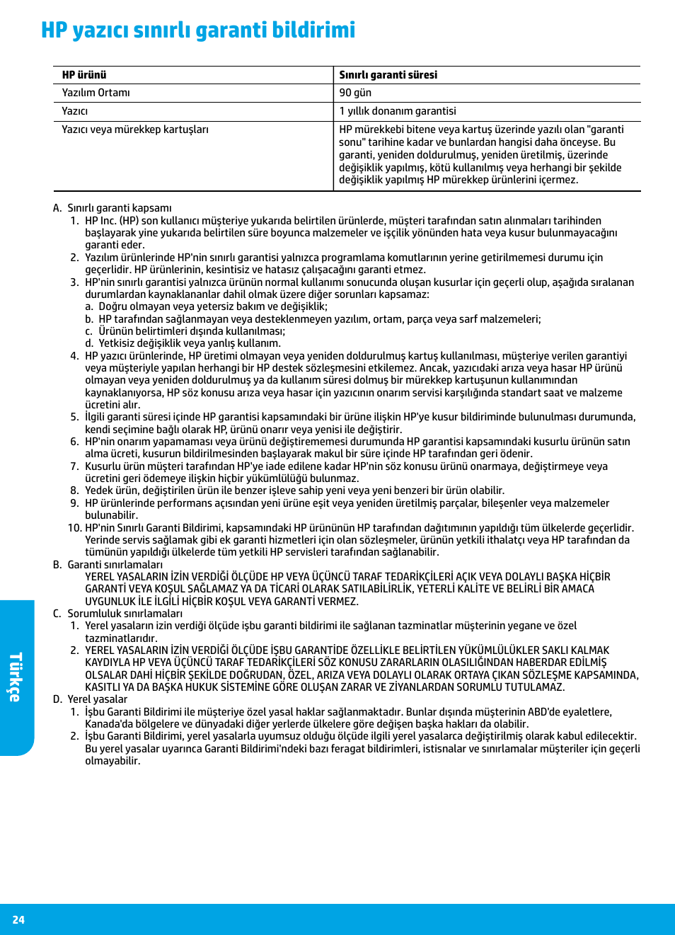 Hp yazıcı sınırlı garanti bildirimi, Türk çe | HP DeskJet 3700 User Manual | Page 24 / 96