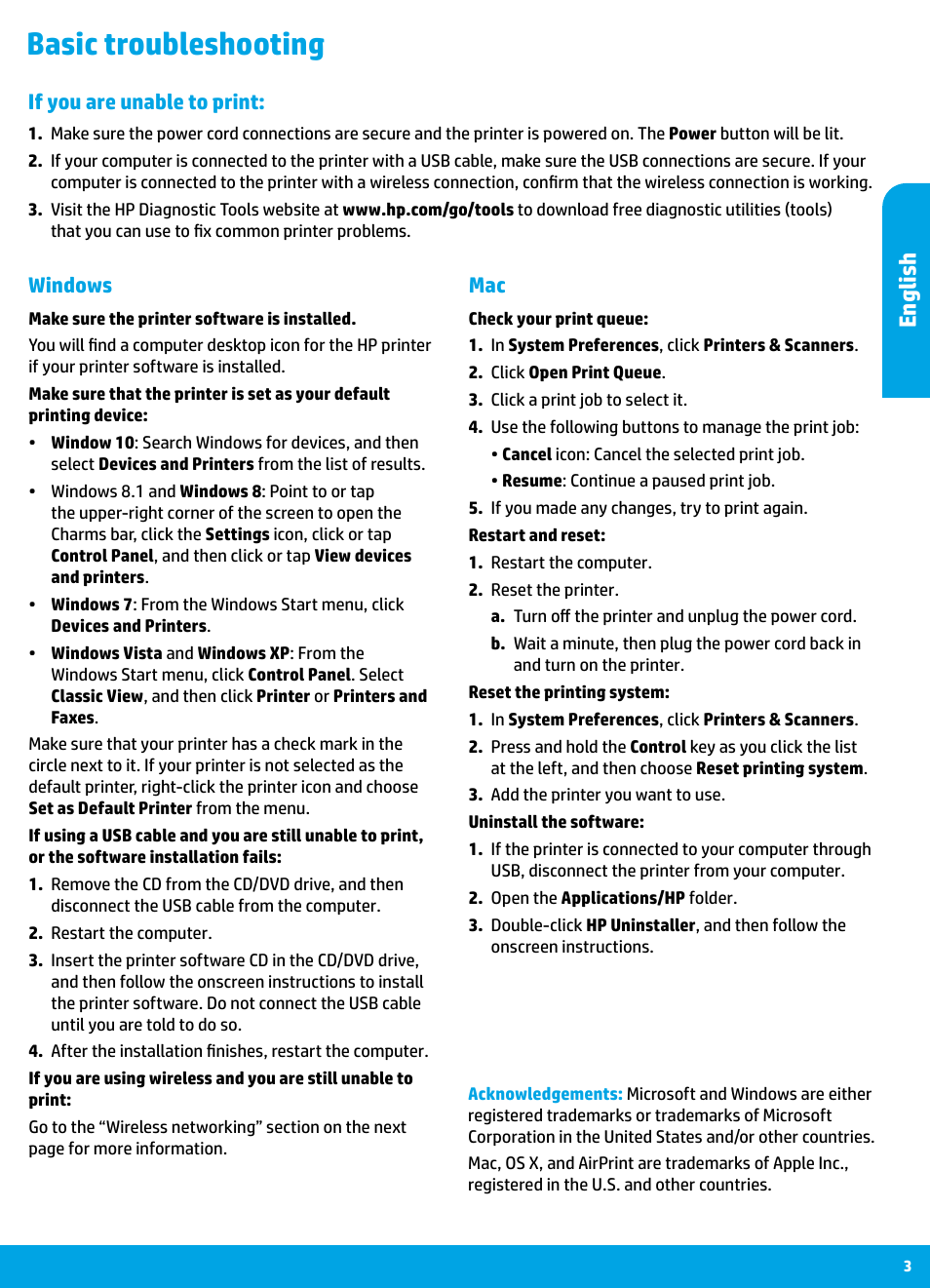 Basic troubleshooting, English, Mac windows | If you are unable to print | HP DeskJet 3700 User Manual | Page 3 / 96