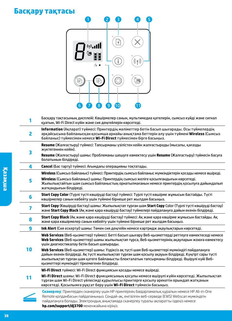 Басқару тақтасы, Қазақша | HP DeskJet 3700 User Manual | Page 38 / 96