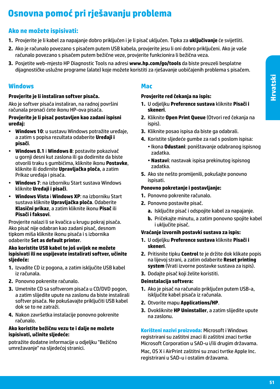 Osnovna pomoć pri rješavanju problema, Hr vatski, Mac windows | Ako ne možete ispisivati | HP DeskJet 3700 User Manual | Page 51 / 96
