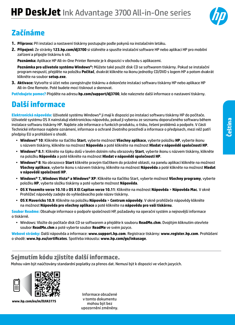 Čeština, Hp deskjet, Ink advantage 3700 all-in-one series | Začínáme, Další informace, Sejmutím kódu zjistíte další informace, Češ ti na | HP DeskJet 3700 User Manual | Page 55 / 96