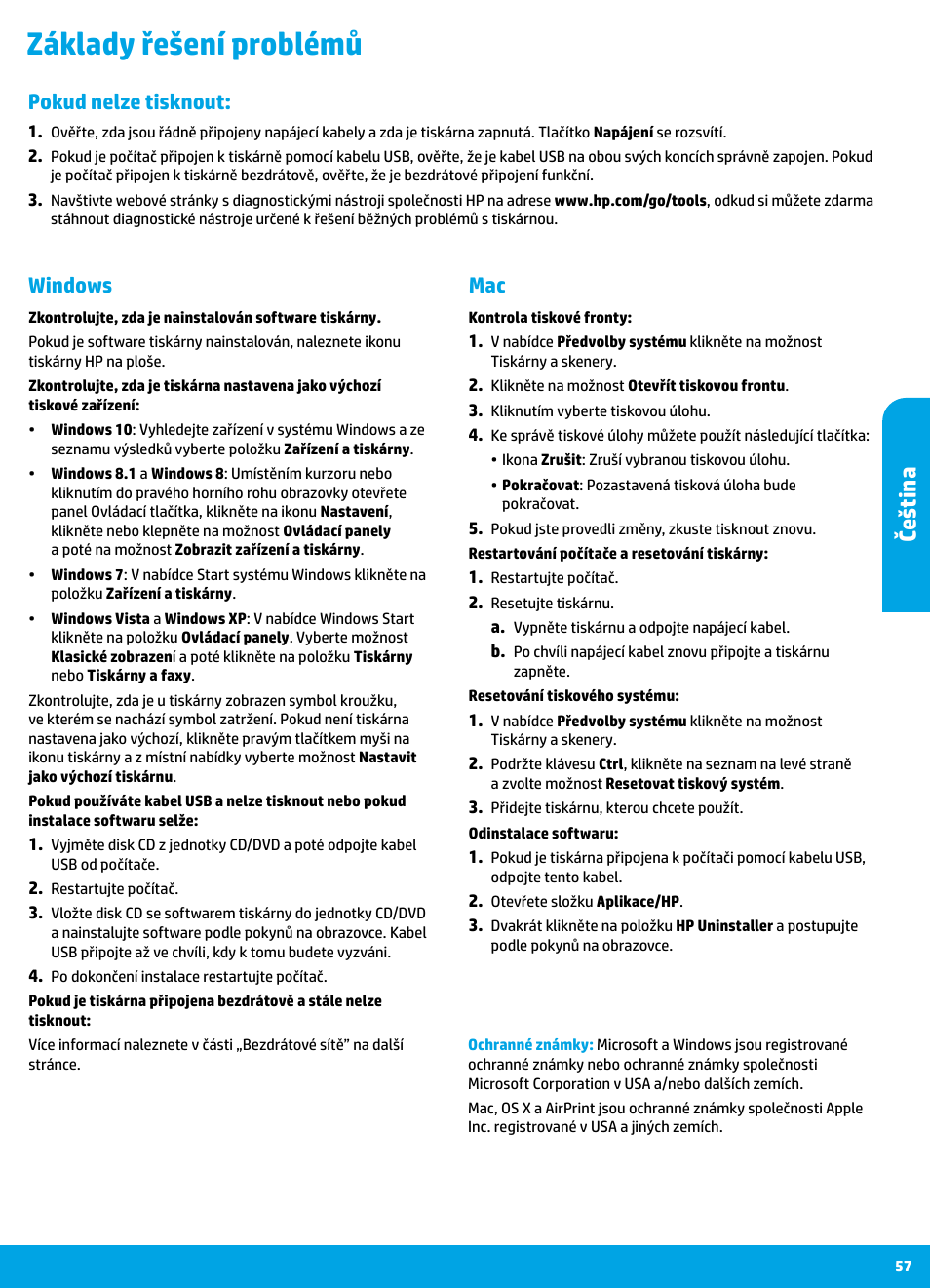 Základy řešení problémů, Češ ti na, Mac windows | Pokud nelze tisknout | HP DeskJet 3700 User Manual | Page 57 / 96