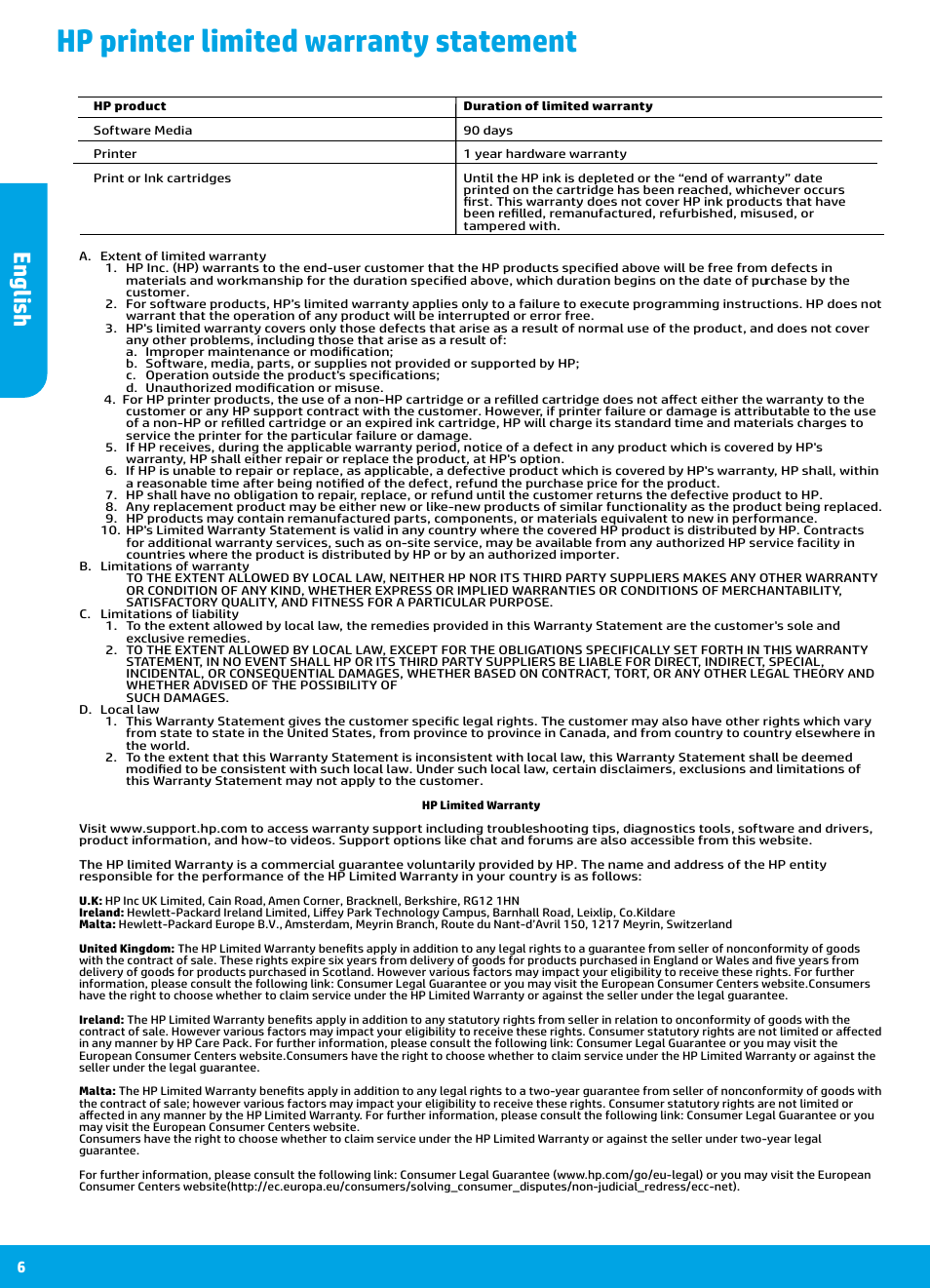 Hp printer limited warranty statement, English | HP DeskJet 3700 User Manual | Page 6 / 96