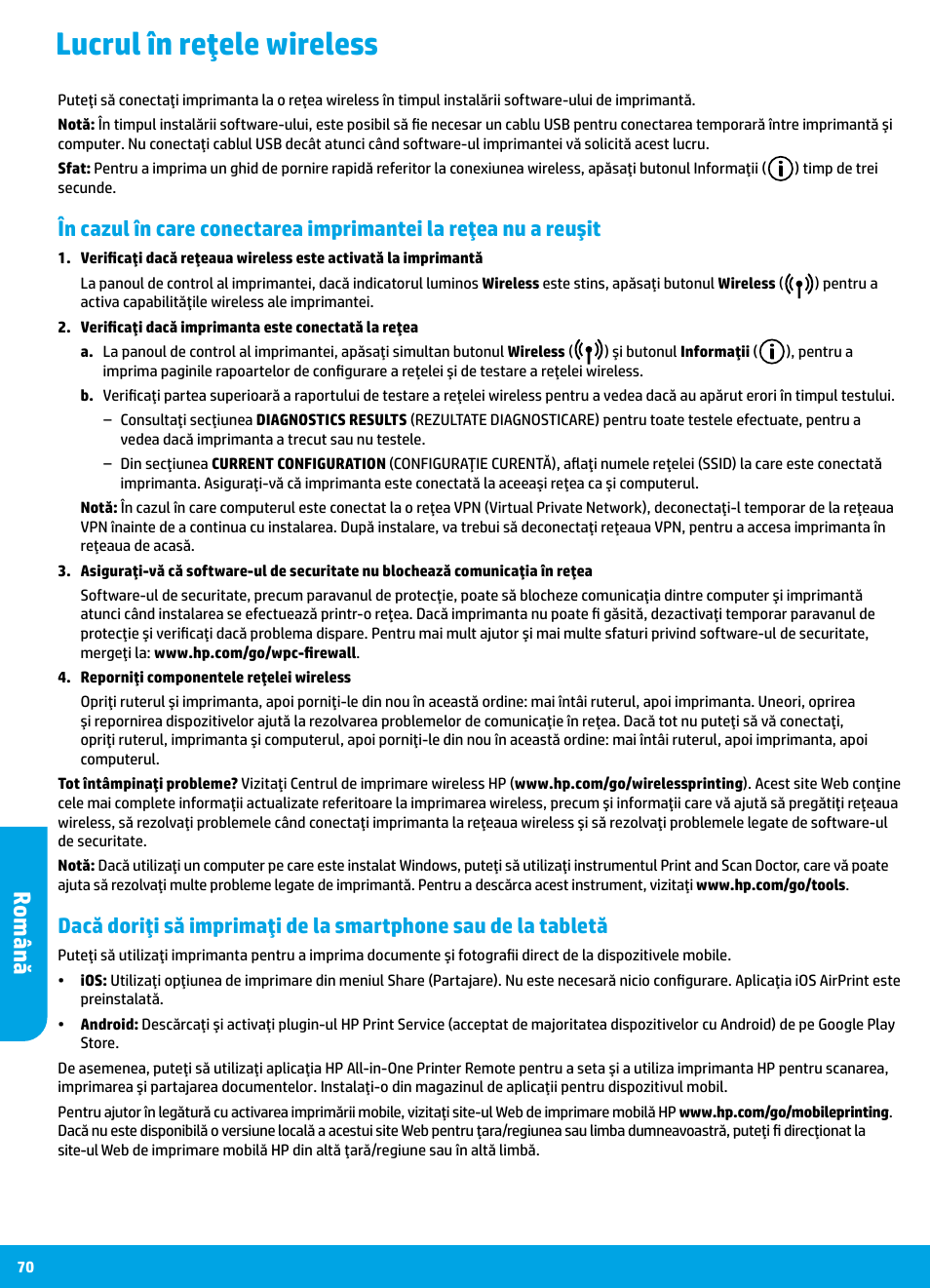 Lucrul în reţele wireless, Român ă | HP DeskJet 3700 User Manual | Page 70 / 96