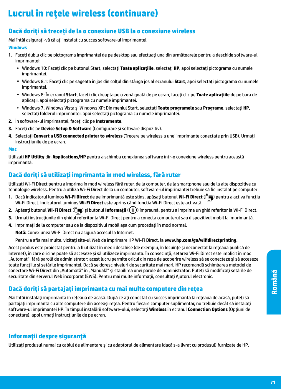 Lucrul în reţele wireless (continuare), Român ă, Informaţii despre siguranţă | HP DeskJet 3700 User Manual | Page 71 / 96