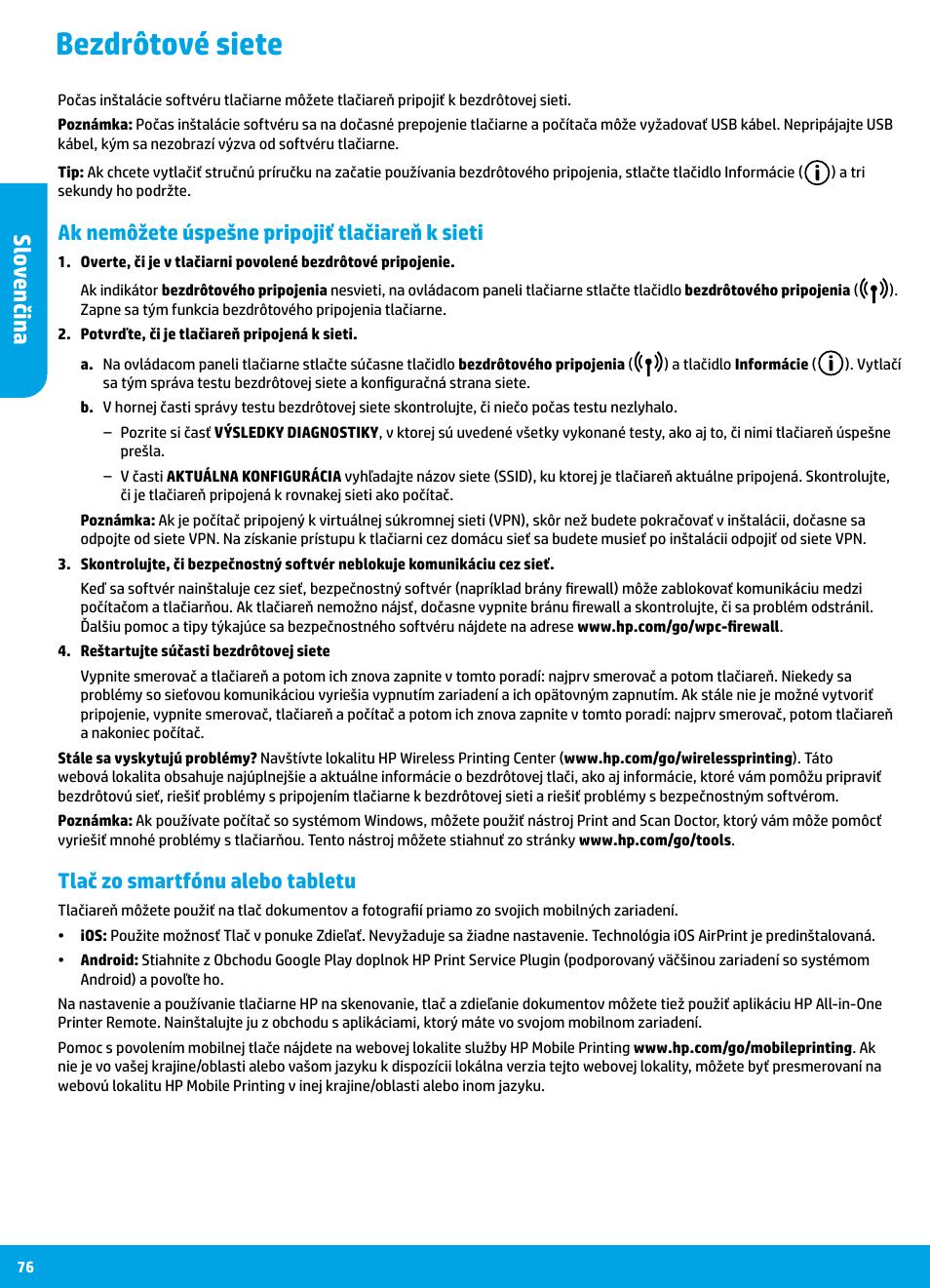 Bezdrôtové siete, Sl ov enčin a, Ak nemôžete úspešne pripojiť tlačiareň k sieti | Tlač zo smartfónu alebo tabletu | HP DeskJet 3700 User Manual | Page 76 / 96