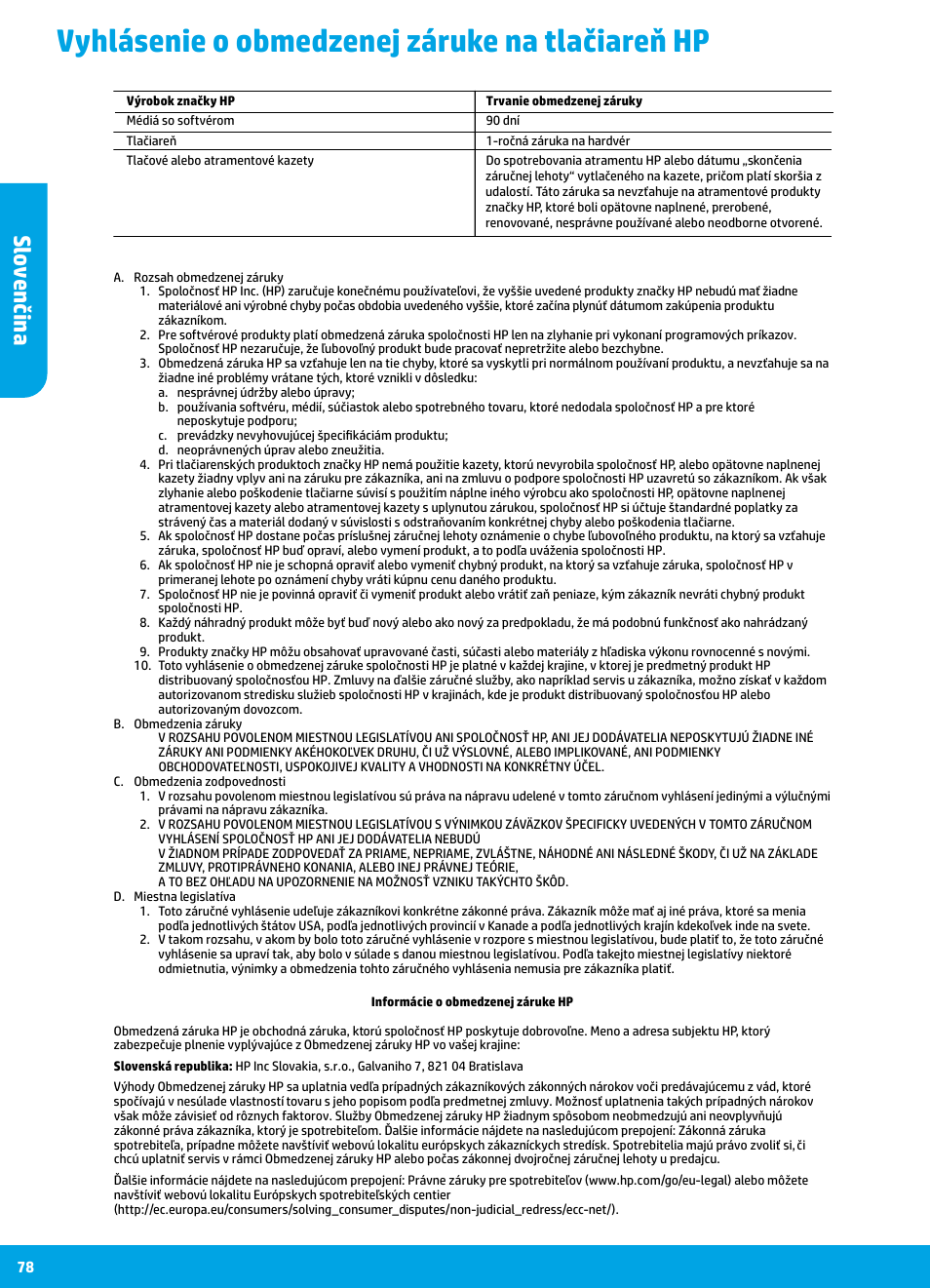 Vyhlásenie o obmedzenej záruke na tlačiareň hp, Sl ov enčin a | HP DeskJet 3700 User Manual | Page 78 / 96