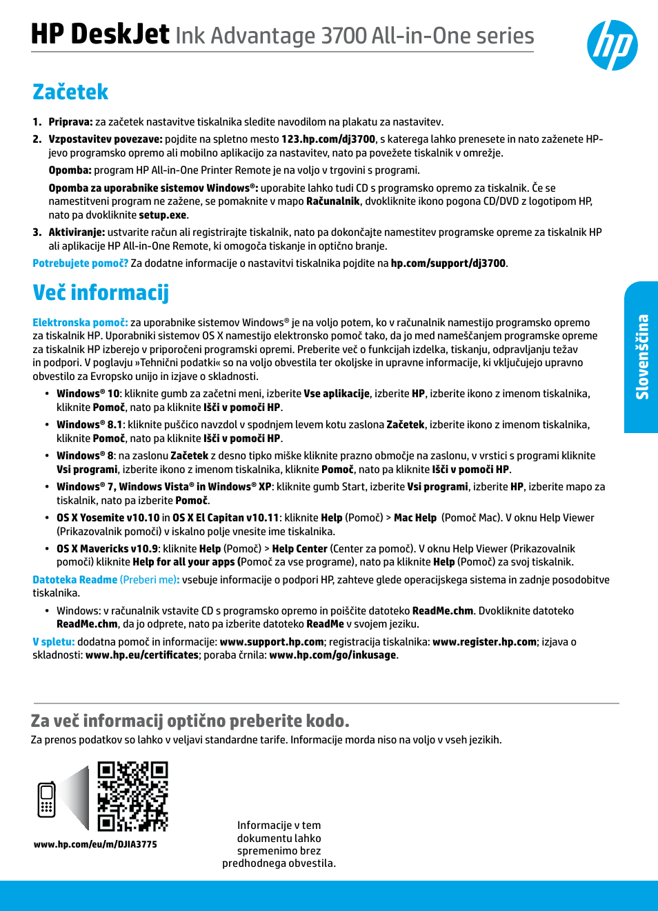 Slovenščina, Hp deskjet, Ink advantage 3700 all-in-one series | Začetek, Več informacij, Za več informacij optično preberite kodo, Sl ov enščin a | HP DeskJet 3700 User Manual | Page 79 / 96