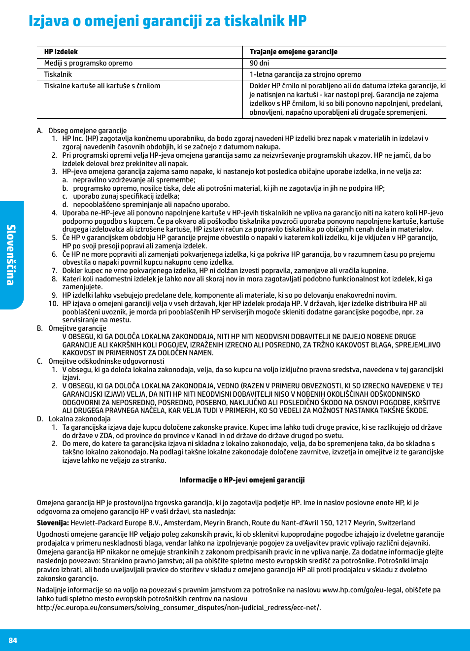 Izjava o omejeni garanciji za tiskalnik hp, Sl ov enščin a | HP DeskJet 3700 User Manual | Page 84 / 96