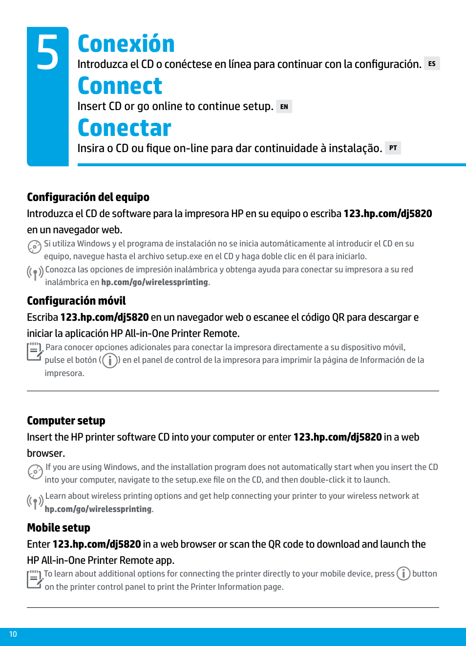 Conectar, Connect, Conexión | HP DeskJet GT 5820 User Manual | Page 10 / 16