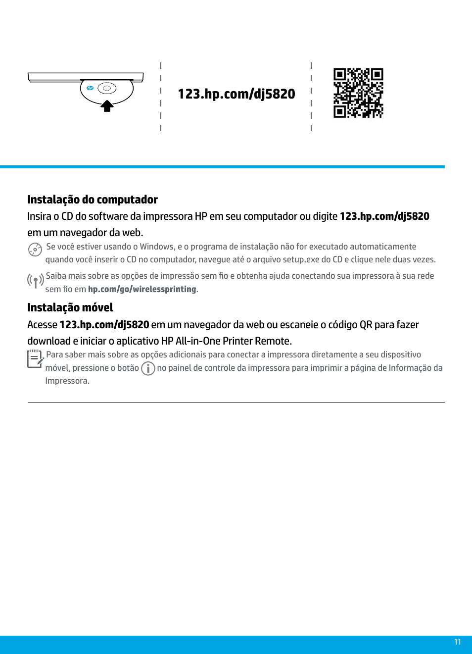 Instalação do computador, Instalação móvel | HP DeskJet GT 5820 User Manual | Page 11 / 16