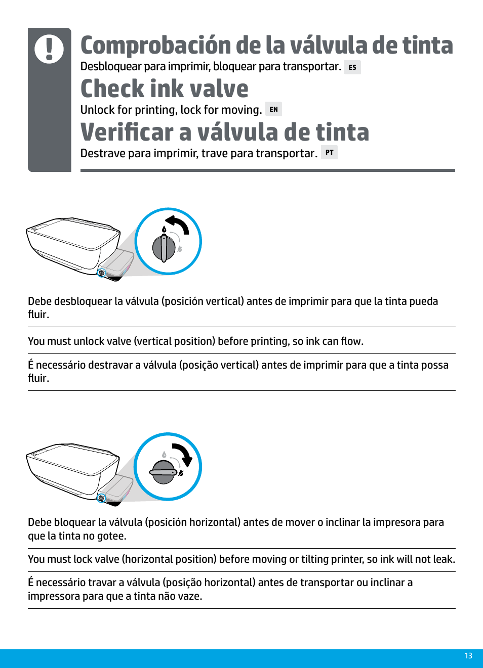 Verificar a válvula de tinta, Check ink valve, Comprobación de la válvula de tinta | HP DeskJet GT 5820 User Manual | Page 13 / 16