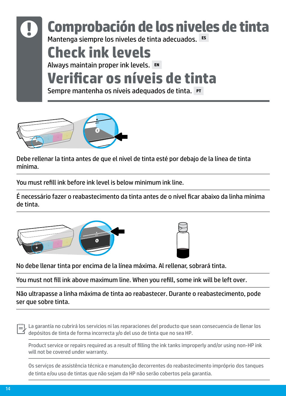 Verificar os níveis de tinta, Check ink levels, Comprobación de los niveles de tinta | HP DeskJet GT 5820 User Manual | Page 14 / 16