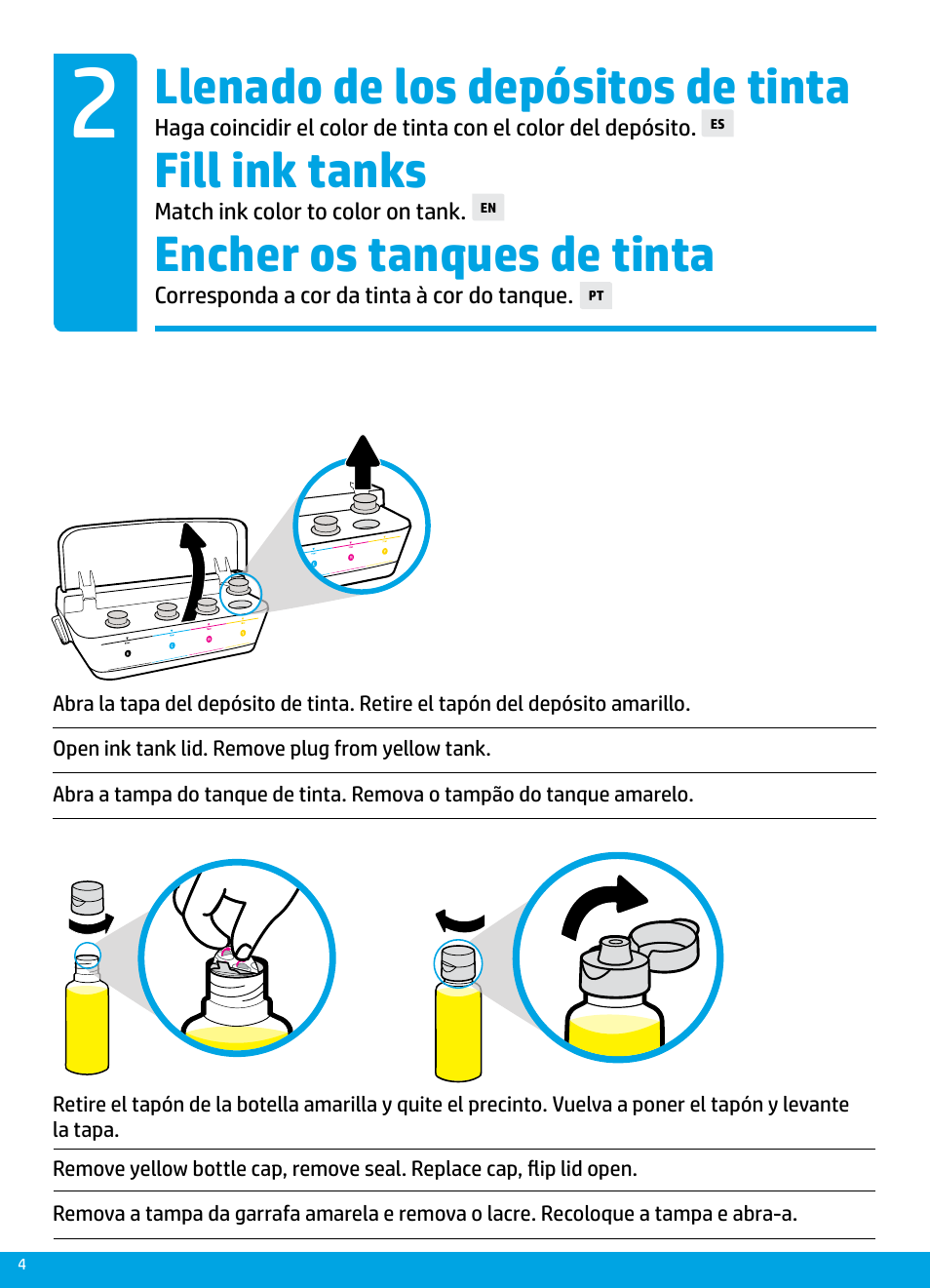 Encher os tanques de tinta, Fill ink tanks, Llenado de los depósitos de tinta | HP DeskJet GT 5820 User Manual | Page 4 / 16