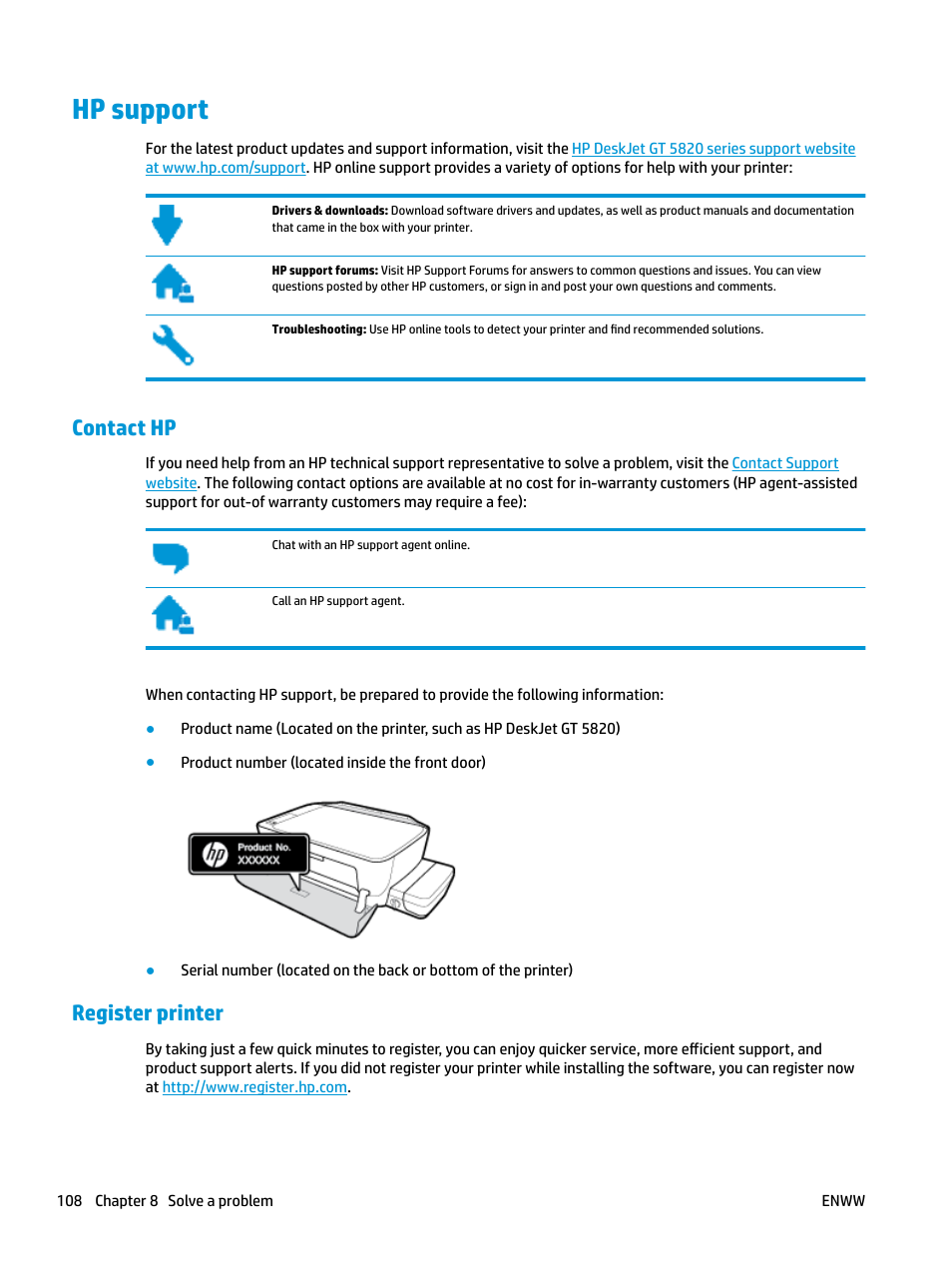 Hp support, Contact hp, Register printer | HP DeskJet GT 5820 User Manual | Page 114 / 133