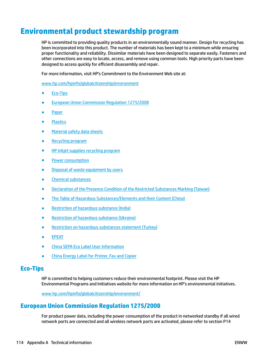 Environmental product stewardship program, Eco-tips, European union commission regulation 1275/2008 | HP DeskJet GT 5820 User Manual | Page 120 / 133