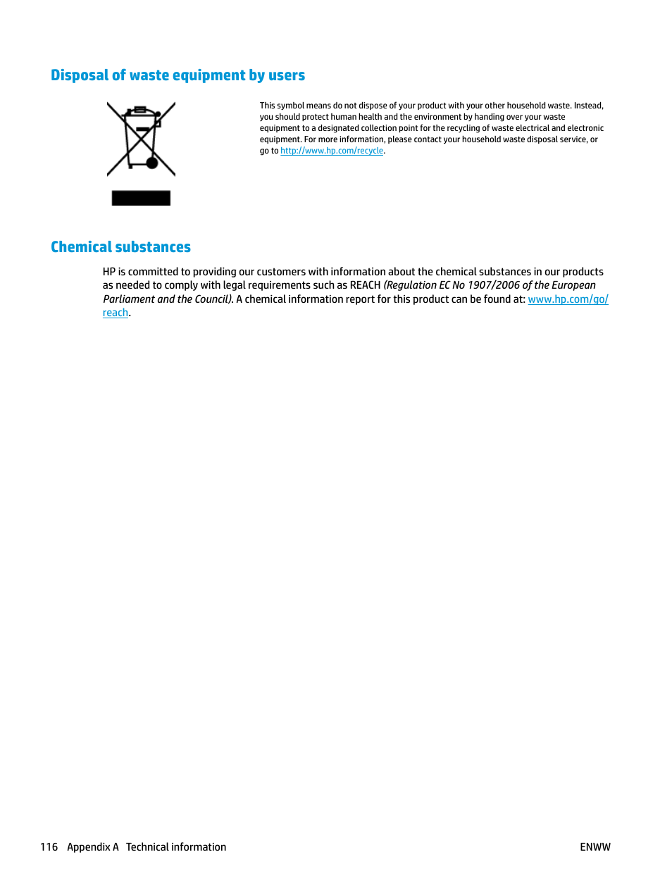 Disposal of waste equipment by users, Chemical substances | HP DeskJet GT 5820 User Manual | Page 122 / 133