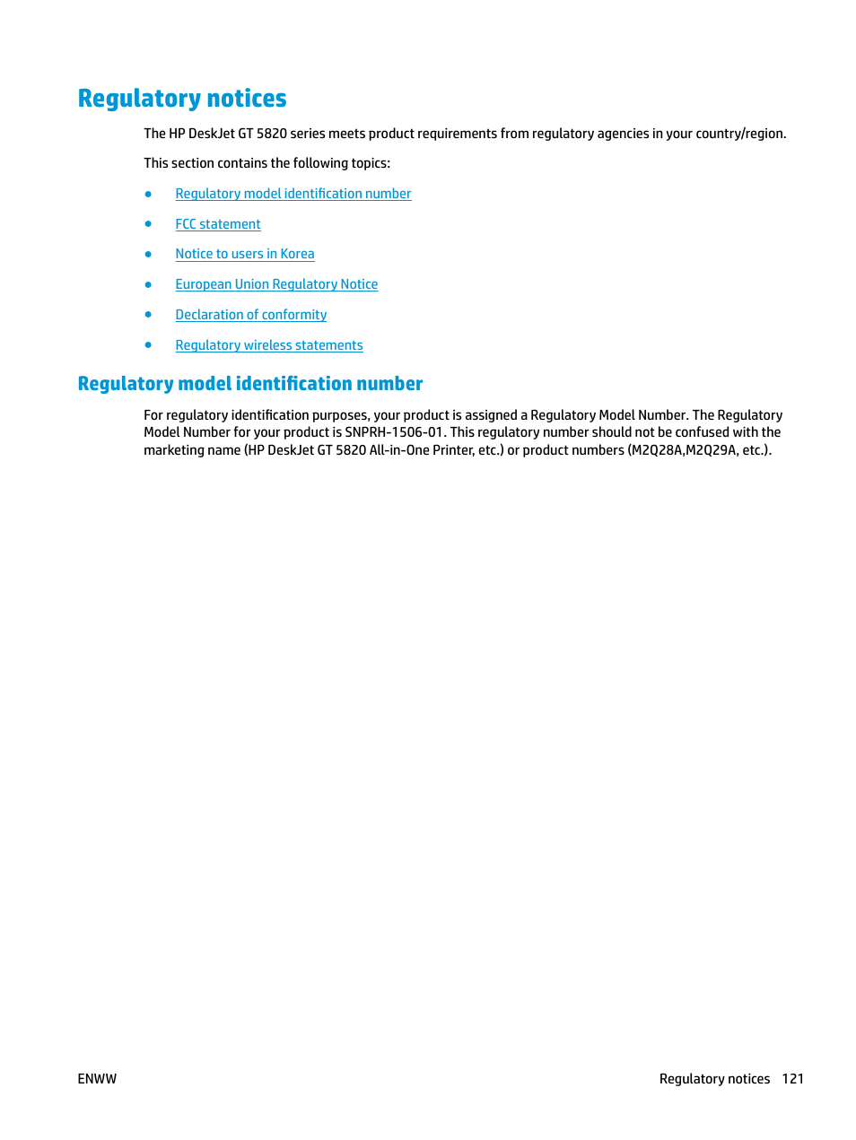 Regulatory notices, Regulatory model identification number | HP DeskJet GT 5820 User Manual | Page 127 / 133